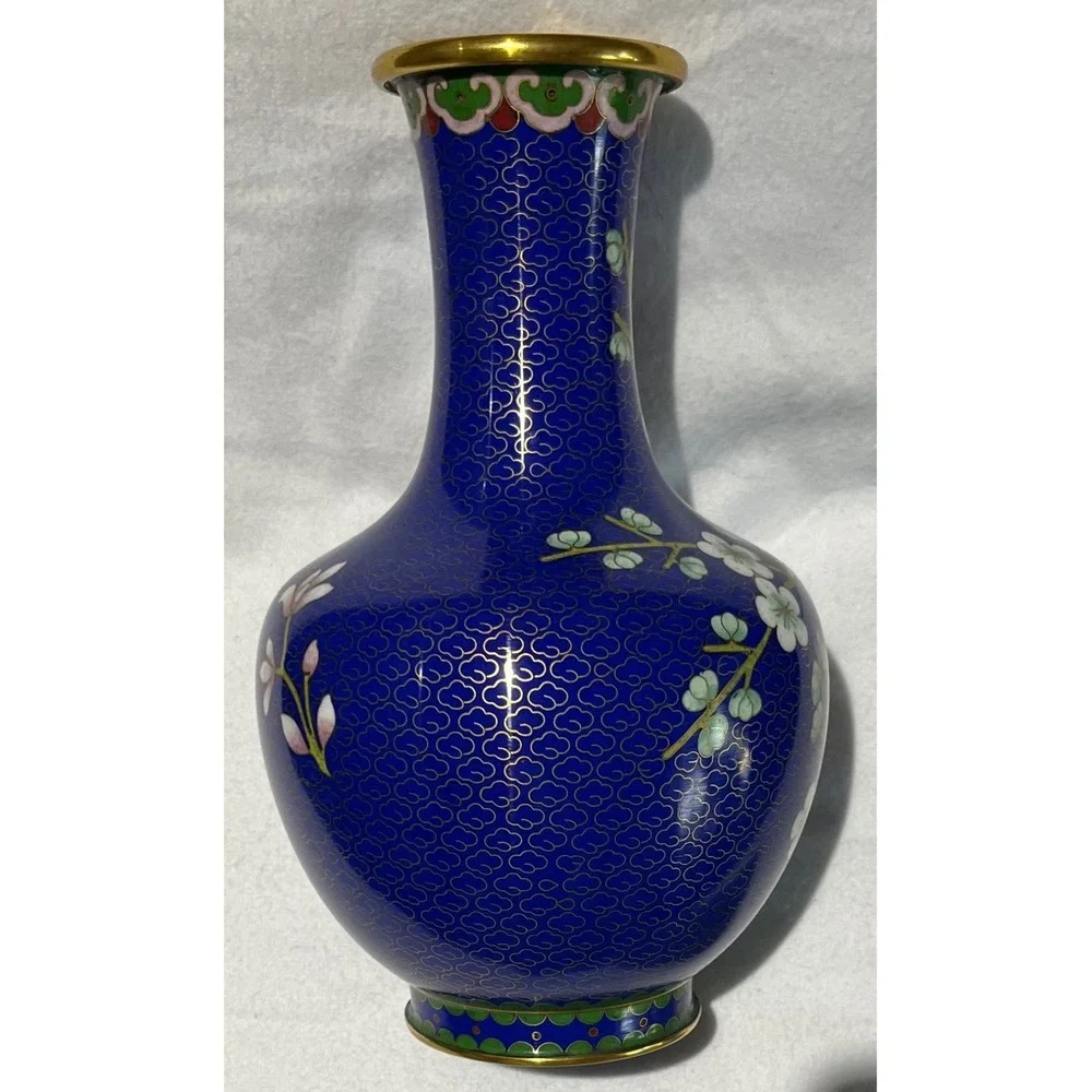 Vintage‎ Chinese Cloisonne Enamel Vase Cobalt Blue Cherry Blossom Bird 8 Inch